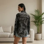 Women's sheer black long sleeve shirt with silver marble print (5)