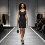 Women's sleeveless black lace mini dress with sequin details (4)