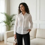 Women's white floral embroidered button down shirt (8)