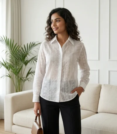Women's white floral embroidered button down shirt (8)