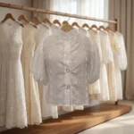 Women's white short puff sleeve shirt with floral embroidery (1)