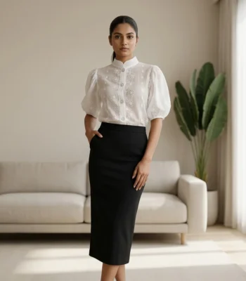 Women's white short puff sleeve shirt with floral embroidery (2)