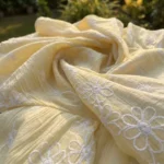 Women's yellow floral embroidered short puff sleeve button down shirt (1)