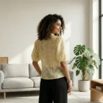 Women's yellow floral embroidered short puff sleeve button down shirt (2)