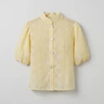 Women's yellow floral embroidered short puff sleeve button down shirt (3)