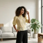 Women's yellow floral embroidered short puff sleeve button down shirt (4)