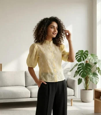 Women's yellow floral embroidered short puff sleeve button down shirt (4)