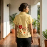 Women's yellow striped short sleeve shirt with floral embroidery (6)