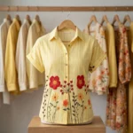 Women's yellow striped short sleeve shirt with floral embroidery (7)