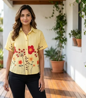 Women's yellow striped short sleeve shirt with floral embroidery (8)