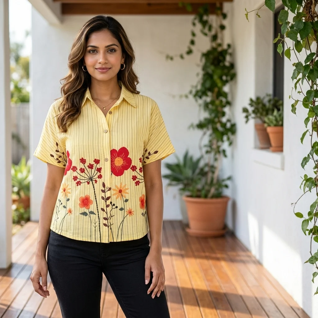 Women's yellow striped short sleeve shirt with floral embroidery (8) Women's yellow striped short sleeve shirt with floral embroidery (8)