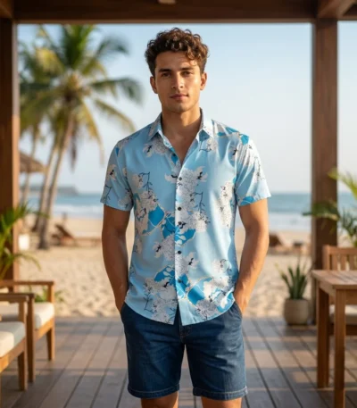 a premium light blue floral printed half sleeve casual shirt for men (4)