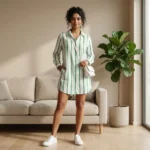 a premium women's white linen long shirt dress with bold green vertical stripes, (1)