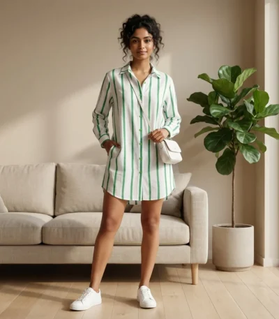 a premium women's white linen long shirt dress with bold green vertical stripes, (1)