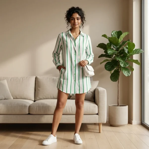 a premium women's white linen long shirt dress with bold green vertical stripes, (1)