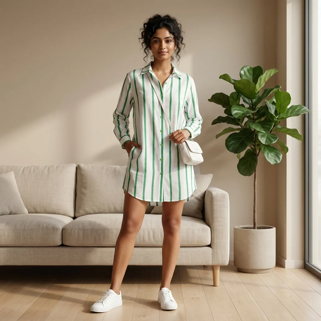 a premium women's white linen long shirt dress with bold green vertical stripes, (1) a premium women's white linen long shirt dress with bold green vertical stripes, (1)