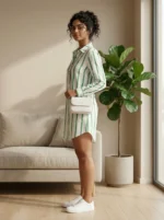 a premium women's white linen long shirt dress with bold green vertical stripes, (2)