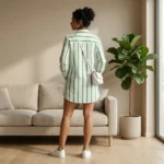 a premium women's white linen long shirt dress with bold green vertical stripes, (4)