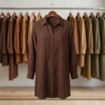 a solid brown long cotton linen shirt dress with full sleeves and front buttons (2)