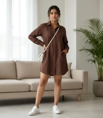 a solid brown long cotton linen shirt dress with full sleeves and front buttons (3)