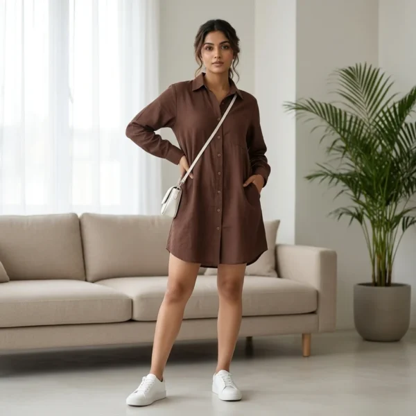 a solid brown long cotton linen shirt dress with full sleeves and front buttons (3)