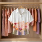 a white half sleeve button down shirt with a pink and orange watercolor floral print (1)