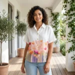 a white half sleeve button down shirt with a pink and orange watercolor floral print (2)
