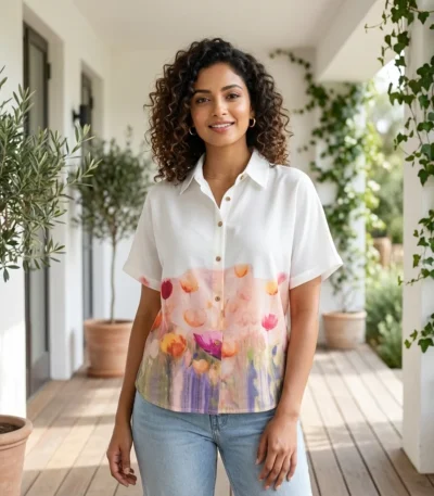 a white half sleeve button down shirt with a pink and orange watercolor floral print (2)