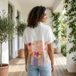a white half sleeve button down shirt with a pink and orange watercolor floral print (4)