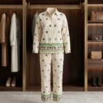 an off white women's co ord set with scattered floral patterns and detailed hem borders (2)