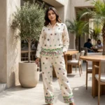 an off white women's co ord set with scattered floral patterns and detailed hem borders (5)