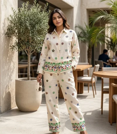 an off white women's co ord set with scattered floral patterns and detailed hem borders (5)