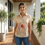 beige striped women's half sleeve shirt (2)
