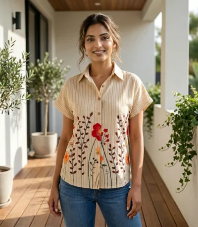 beige striped women's half sleeve shirt (2)
