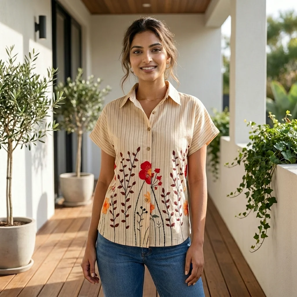 beige striped women's half sleeve shirt (2) beige striped women's half sleeve shirt (2)