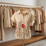 beige striped women's half sleeve shirt (3)
