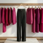 black high waist pleated office trousers with a thin belt, (2)