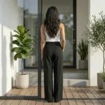 black high waist pleated office trousers with a thin belt, (3)