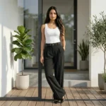 black high waist pleated office trousers with a thin belt, (4)