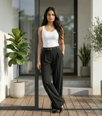 black high waist pleated office trousers with a thin belt, (4)