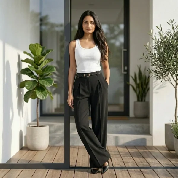 black high waist pleated office trousers with a thin belt, (4)