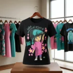 black oversized graphic t shirt featuring a cartoon character print with pink flowers (3)