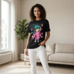 black oversized graphic t shirt featuring a cartoon character print with pink flowers (4)