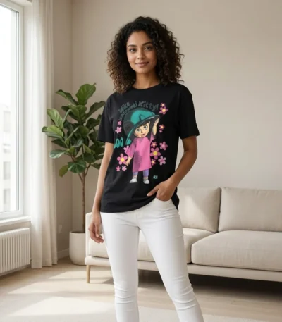 black oversized graphic t shirt featuring a cartoon character print with pink flowers (4)