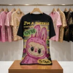 black oversized t shirt with a pink textured graphic print (1)