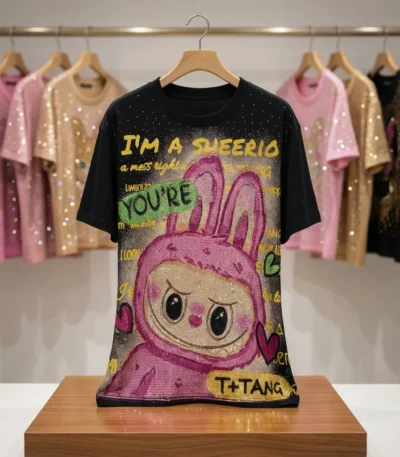 black oversized t shirt with a pink textured graphic print (1)