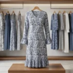blue and white botanical print knee length dress with a V neck and bell sleeves (1)