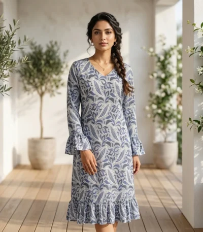 blue and white botanical print knee length dress with a V neck and bell sleeves (2)