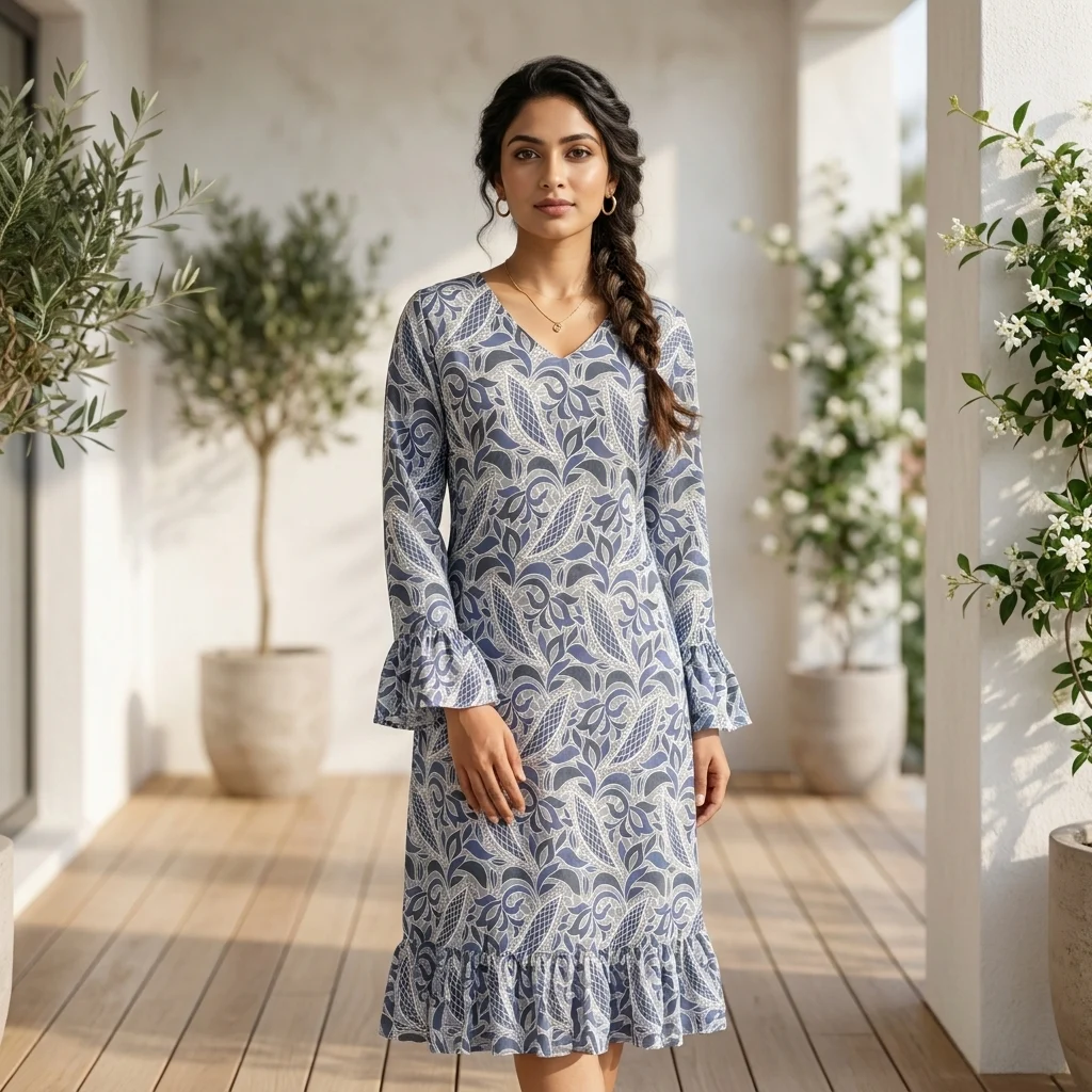 blue and white botanical print knee length dress with a V neck and bell sleeves (2) blue and white botanical print knee length dress with a V neck and bell sleeves (2)