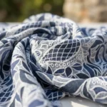 blue and white botanical print knee length dress with a V neck and bell sleeves (3)